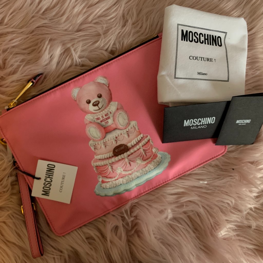 Nwt! Moschino Leather Trimmed Bear Printed Satin Twill Pouch Made In Ita